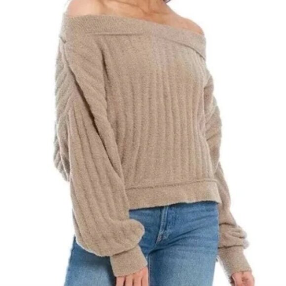 Free People Cabin Fever Fuzzy Boat Neck Off The Shoulder Pullover Tan Oatmeal - Picture 2 of 3